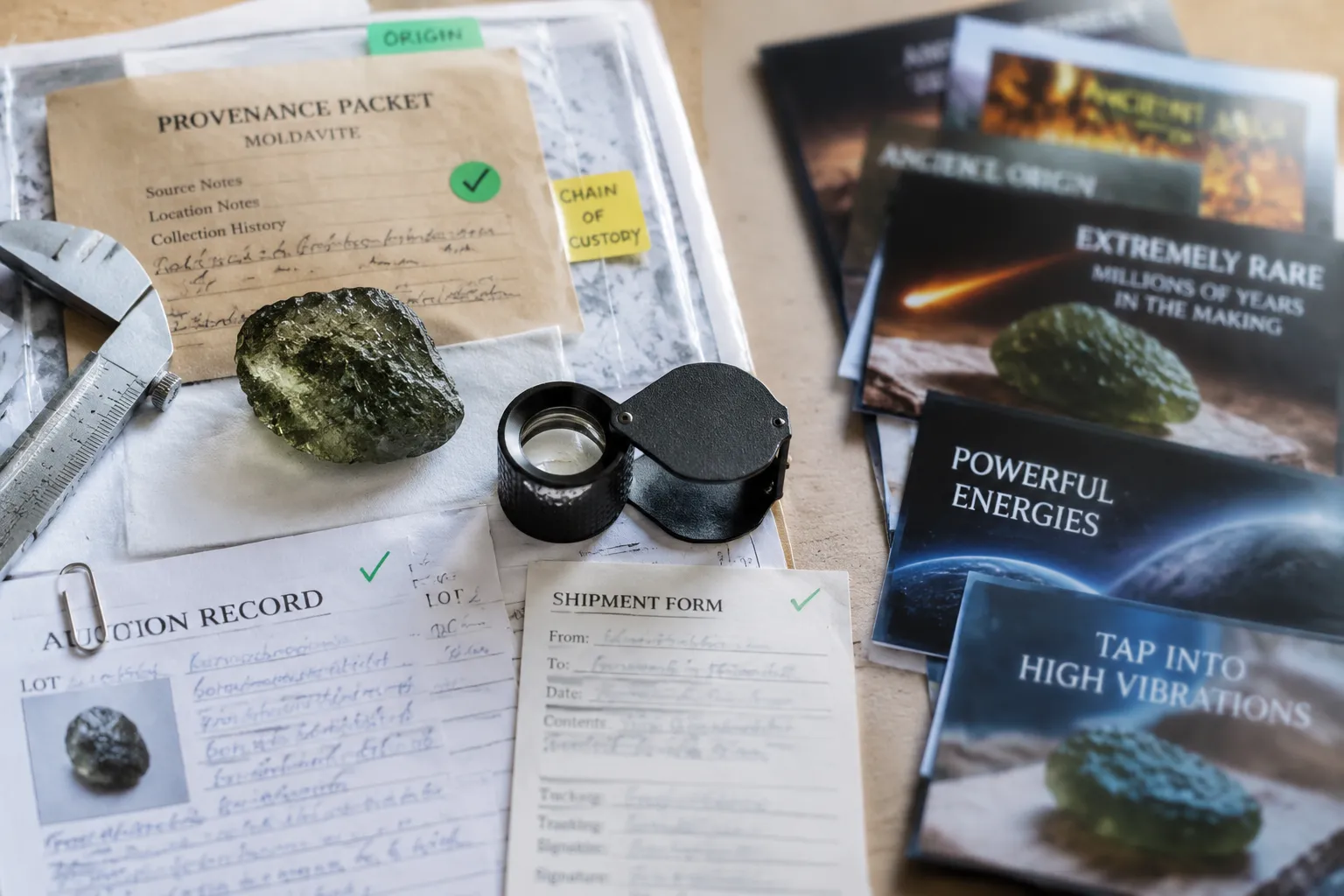 A collector evidence check separating moldavite provenance records from broad trade categories and scarcity claims