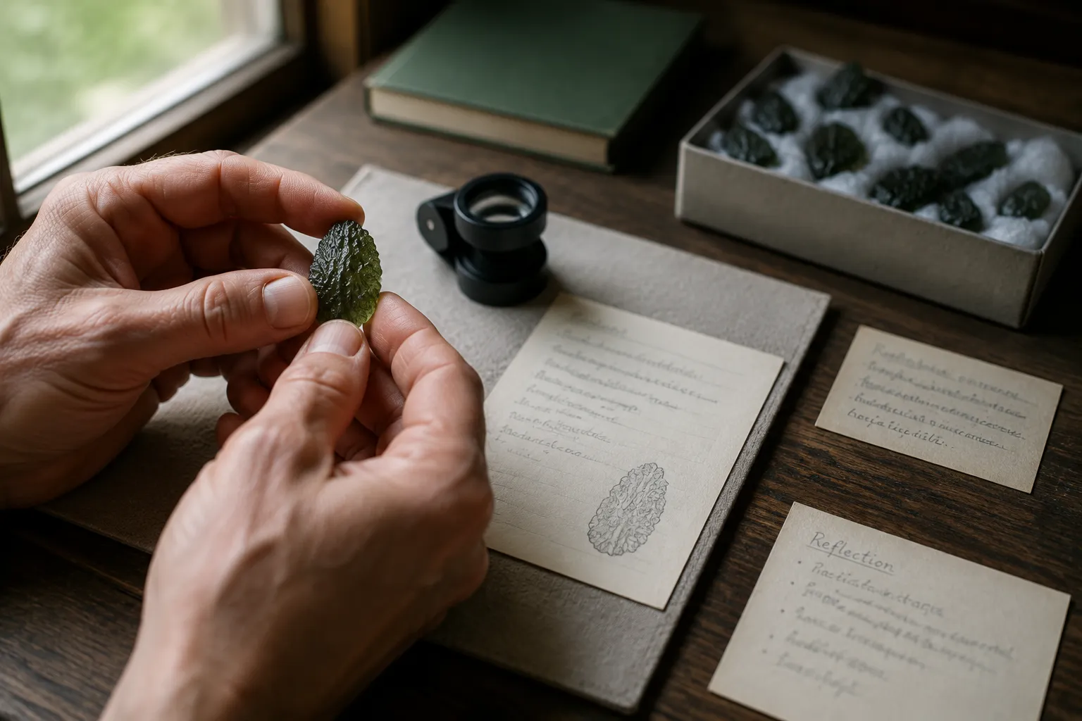 A moldavite buyer comparing seller language, specimen traits, provenance notes, and reflective questions before making a symbolic interpretation