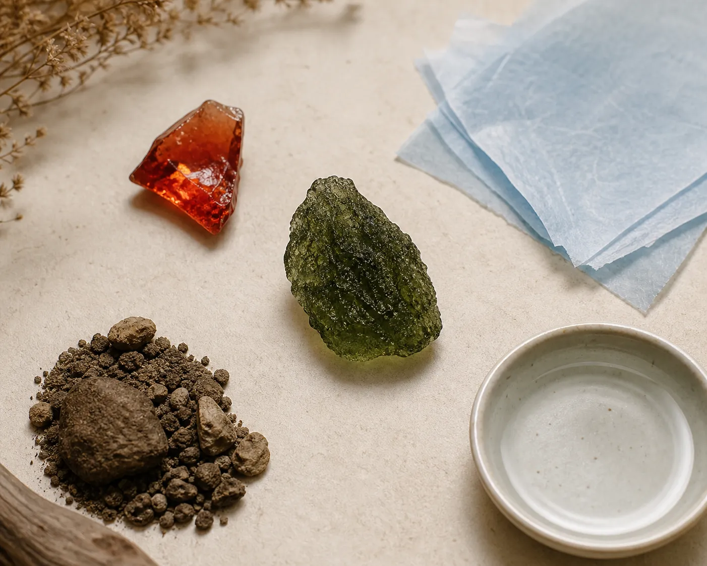 A bounded symbolic layout showing Fire, Sky, Earth, and Water around a moldavite specimen as interpretive lenses, not measured forces