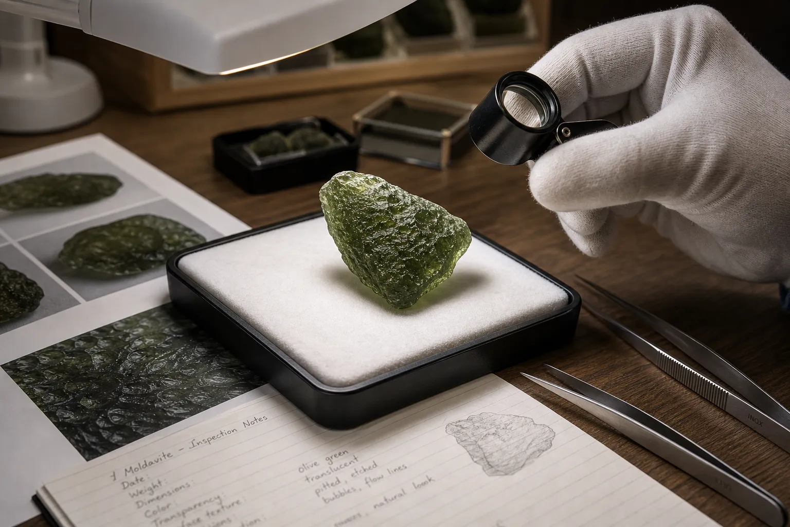 A careful non-destructive moldavite check using light, documentation, and visual inspection rather than a chime test