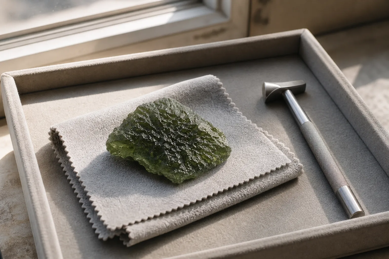 A moldavite specimen kept safely on a soft surface instead of being tapped or dropped for a sound test