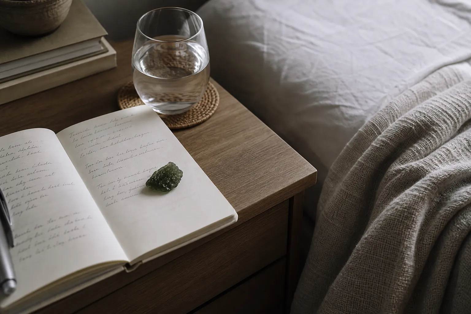 A journal, water glass, blanket, and small moldavite piece arranged for calm grounding after astral travel practice