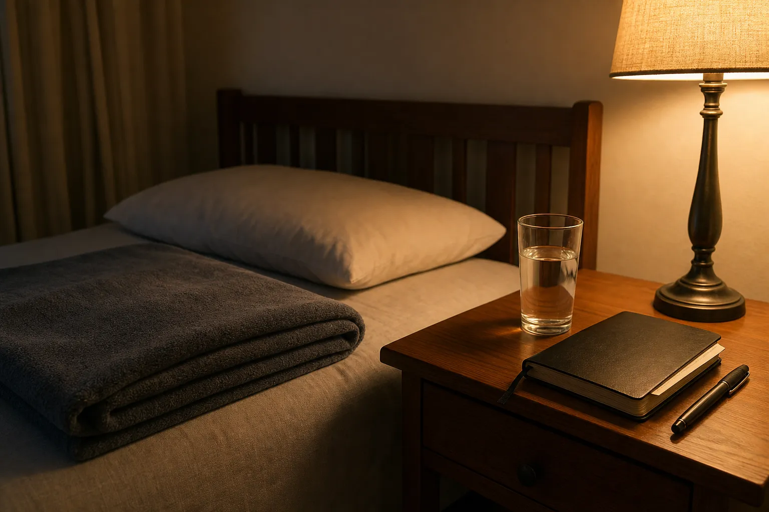 A quiet bedroom setup for grounding before astral travel, with a blanket, water, and a journal nearby