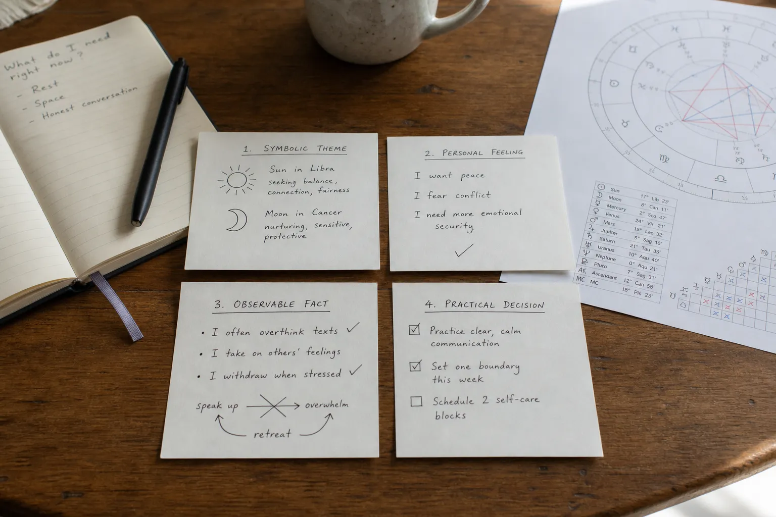 Reflective notes separating symbolic themes from observable facts and practical decisions