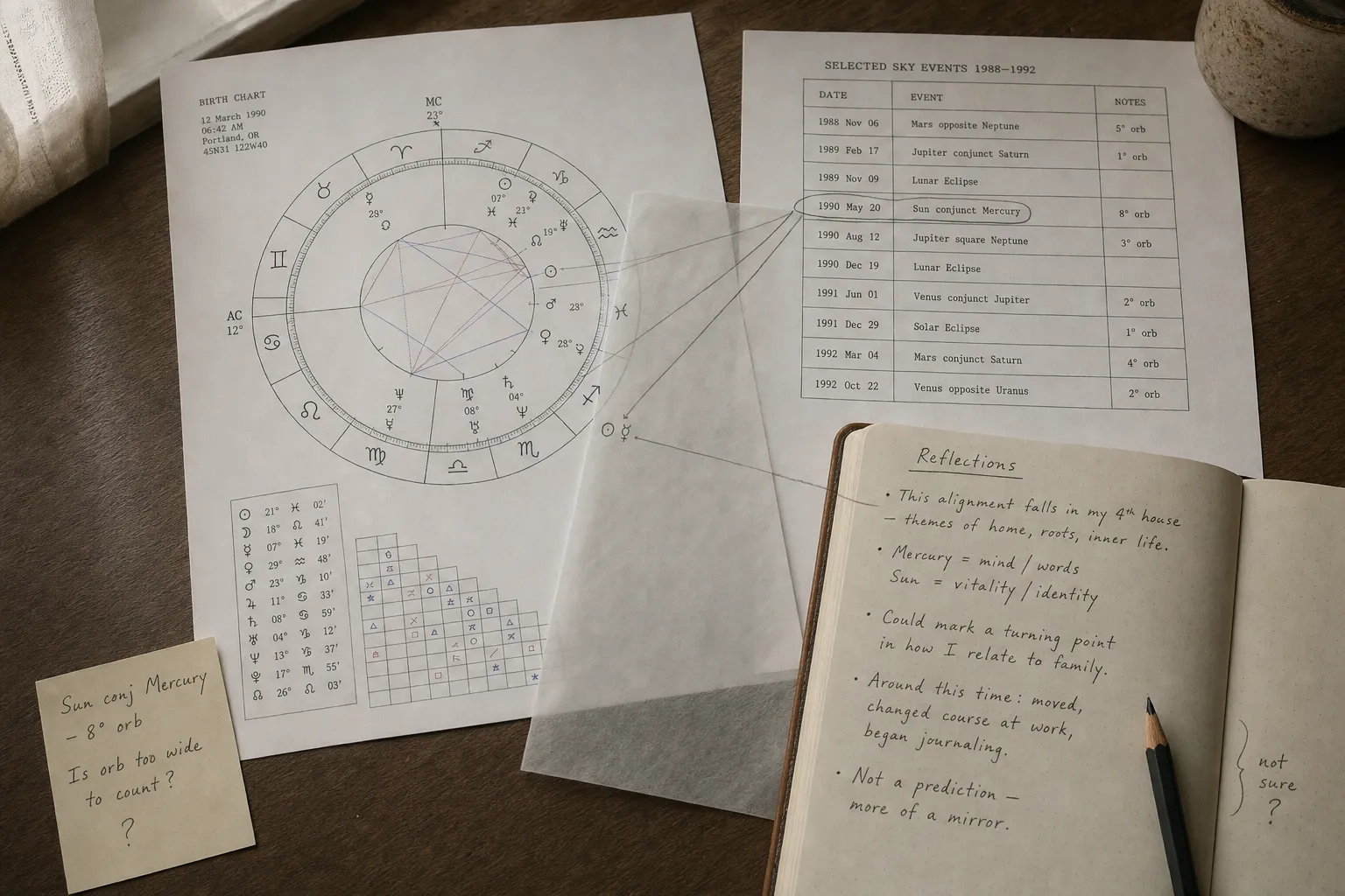 Birth chart notes compared with a selected cosmic event as a symbolic reflection map