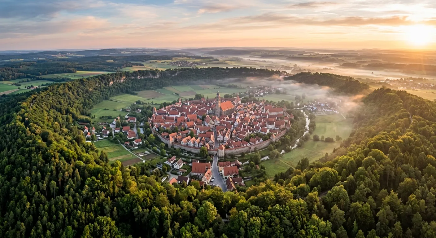 Aerial view of a medieval Bavarian town situated inside a massive geological impact crater