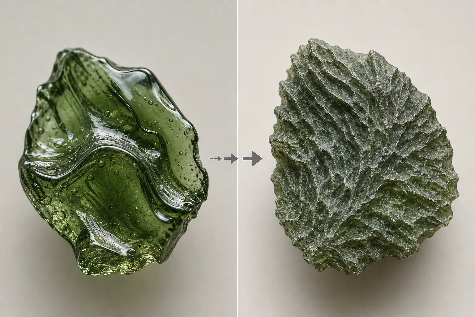 A visual explanation of moldavite history separating primary impact glass formation from later surface corrosion and sculpting