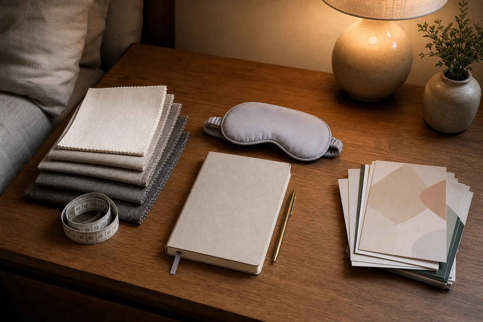 A calm bedside fabric evaluation scene comparing material details, testing questions, ritual language, and unsupported wellness claims