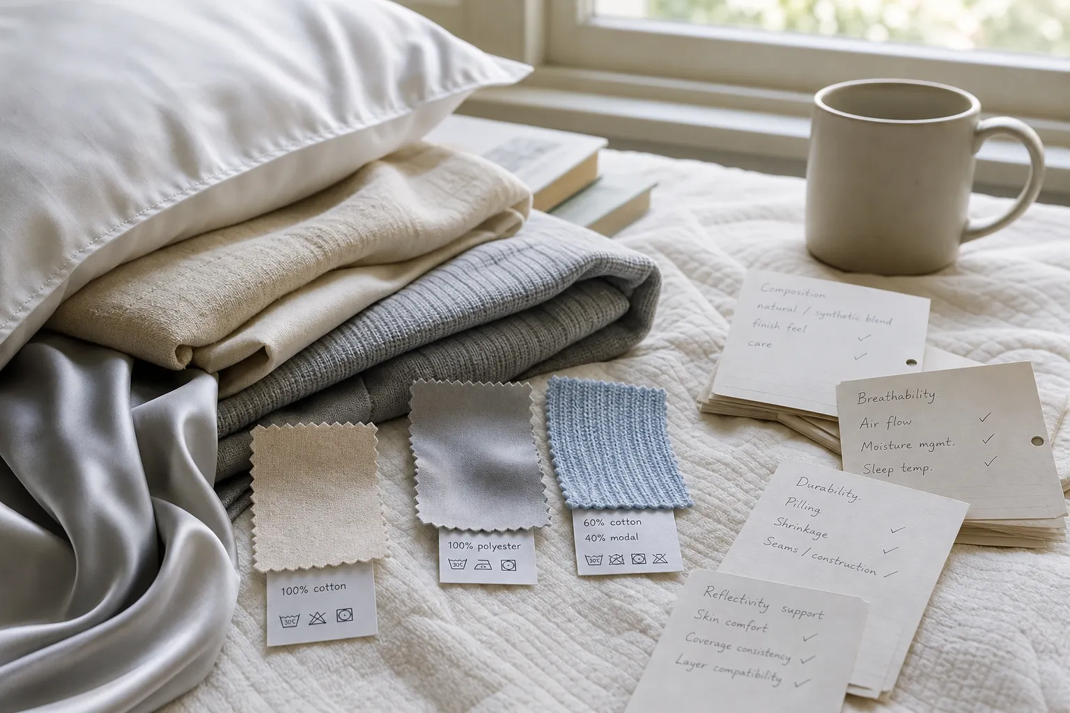Layered sleep fabrics beside material notes that separate comfort properties from lucid dream claims