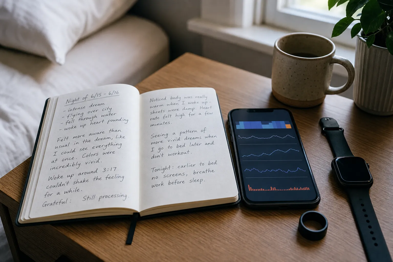 A wearable sleep record beside a journal entry comparing an out-of-body report with timing, HRV, temperature, and movement context