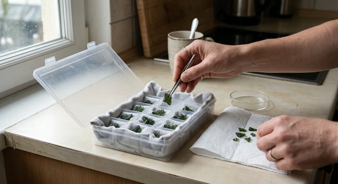 Moldavite fragments placed in a small container to show safe handling before choosing a spiritual interpretation
