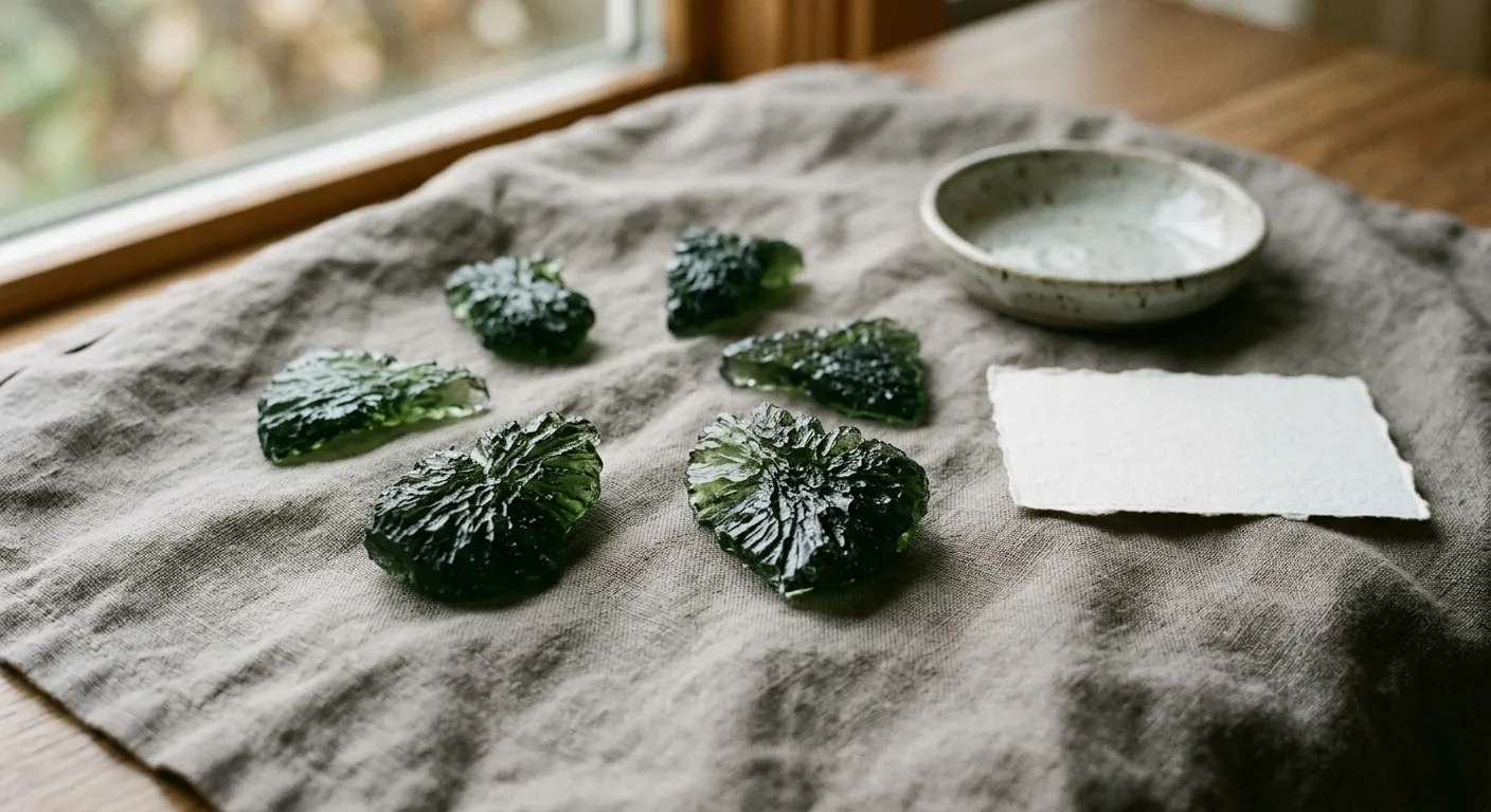 Broken Moldavite shards arranged safely as a reminder that symbolic meaning should not be treated as proof