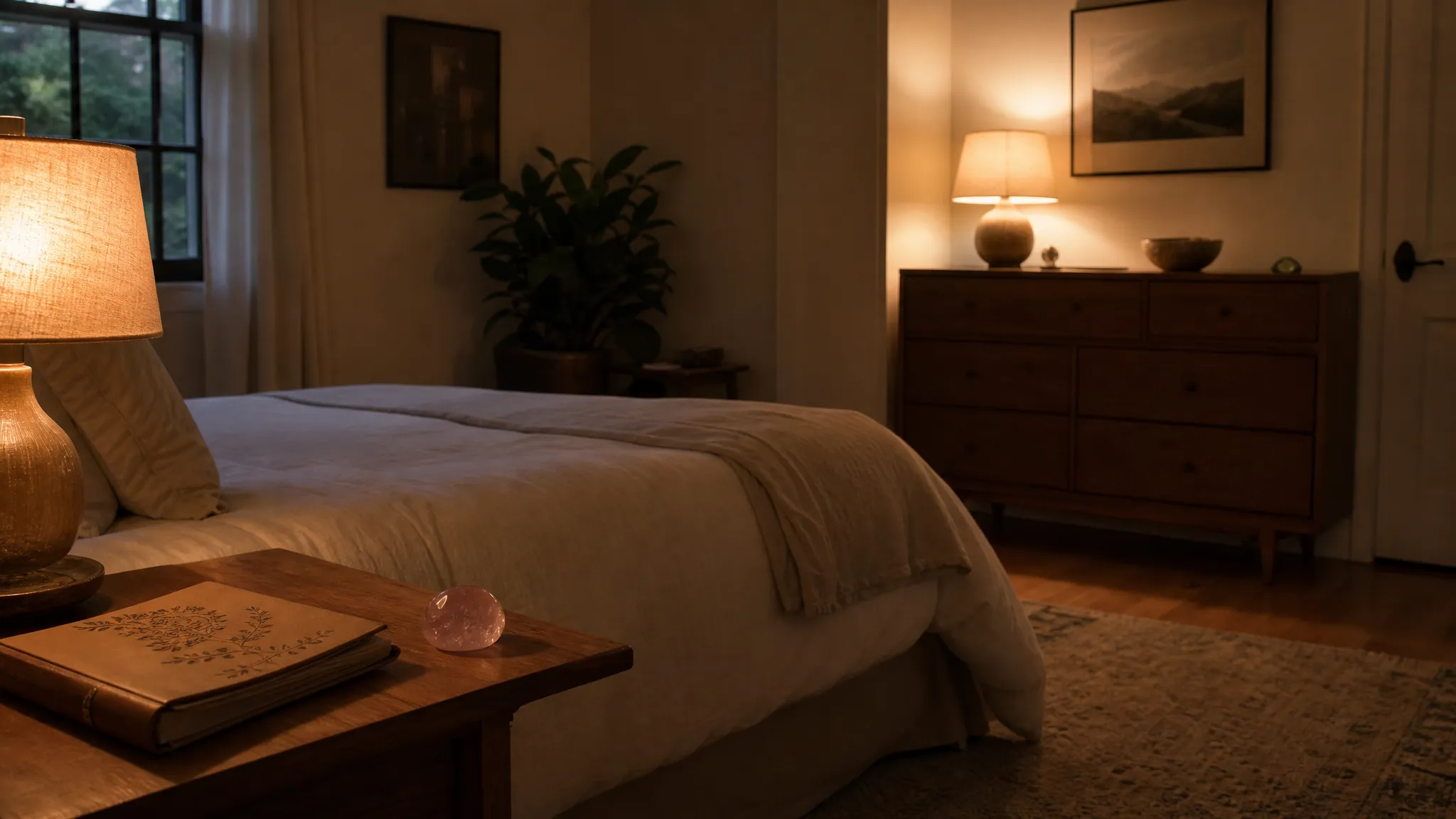 A calm bedtime crystal setup with one gentler buffer stone kept close and a more intense stone placed farther from the bed