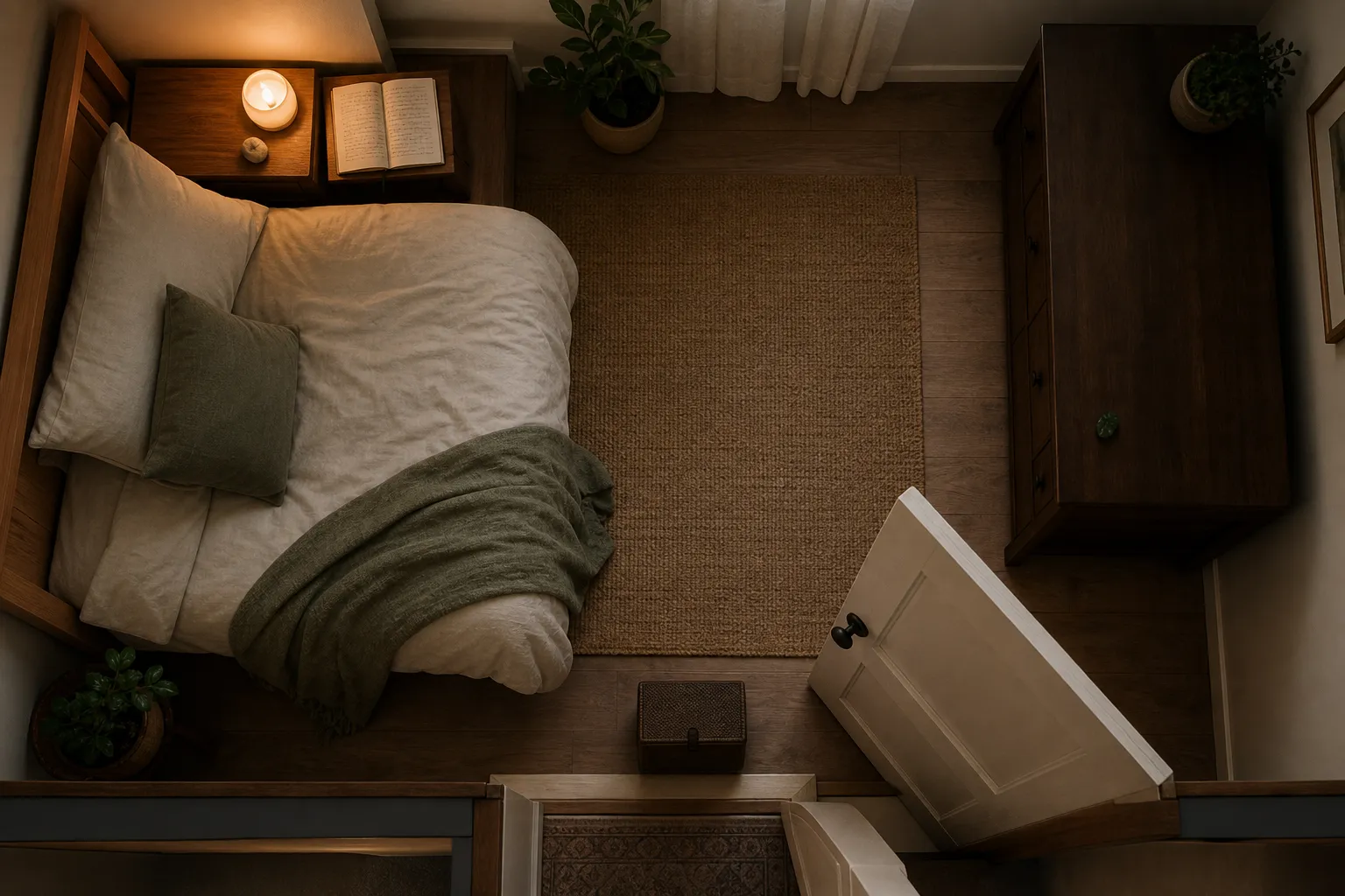 A bedroom crystal layout showing a gentle stone near the nightstand, an intense stone across the room, and a journal used for the intention