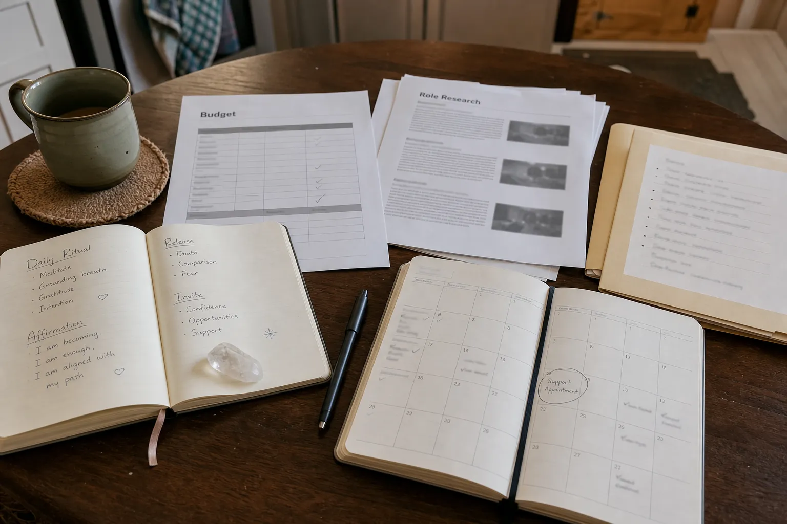 A practical career shift planning scene showing a notebook prompt beside budget notes, role research, and a scheduled next step.