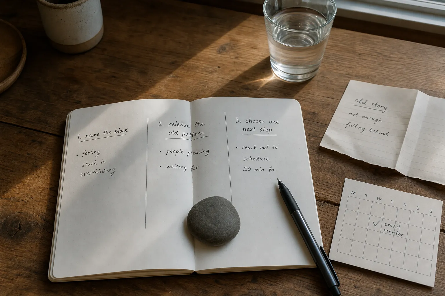 A quiet career reflection setup with a notebook, a focus object, and a single written next action for a responsible career shift.