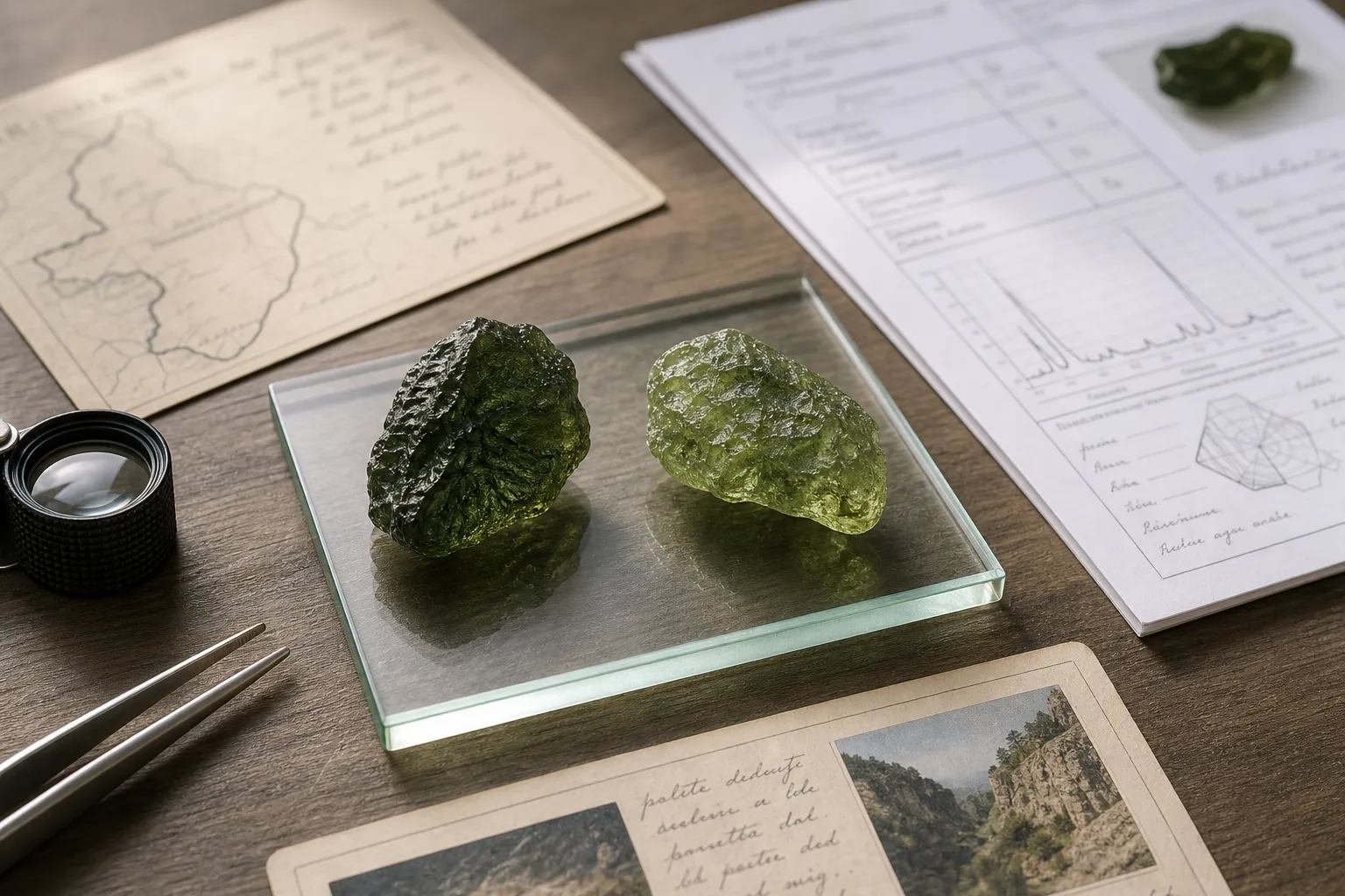Two moldavite specimens compared by visible green color while locality and chemistry claims remain separate