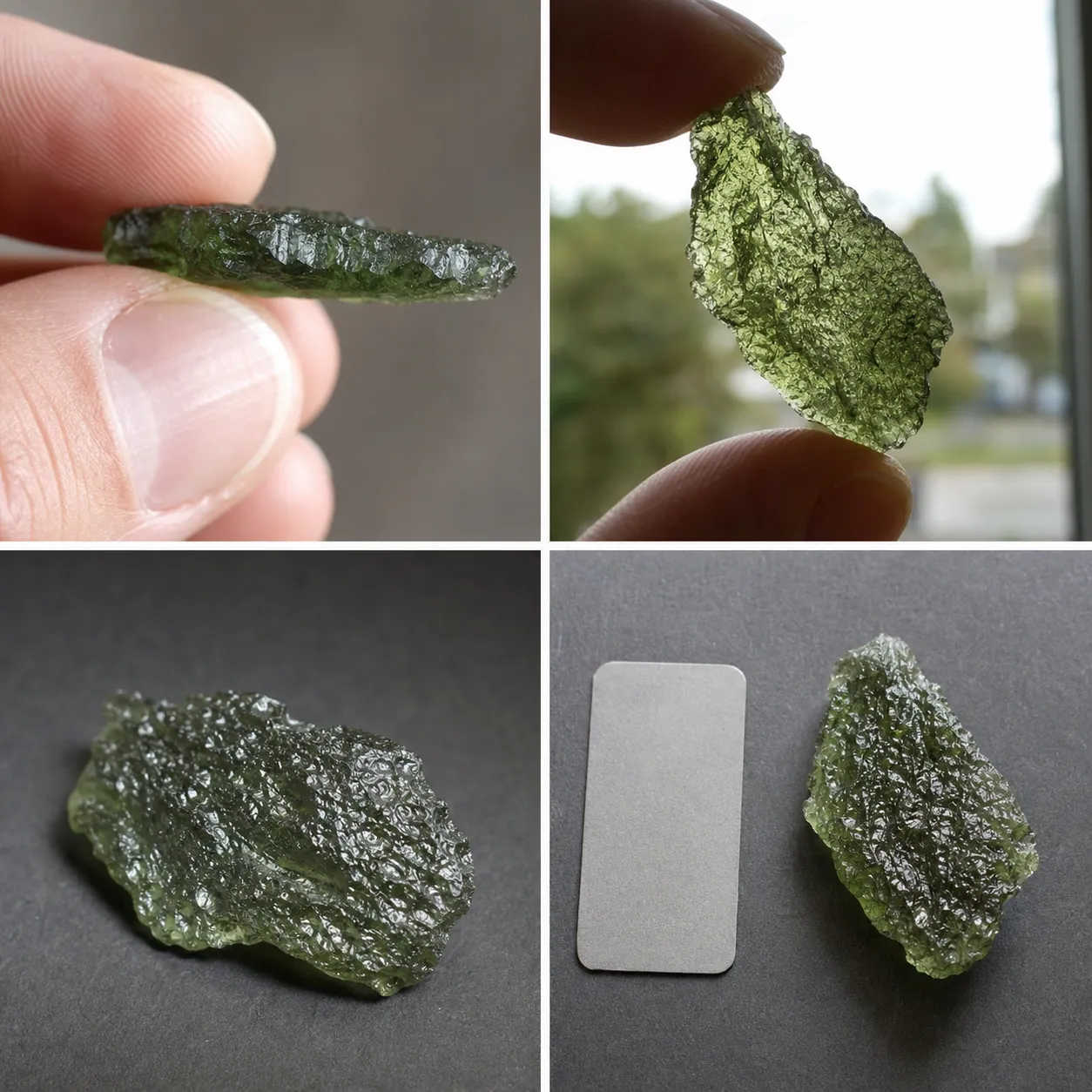Moldavite color appearance affected by thickness lighting surface texture and photography conditions