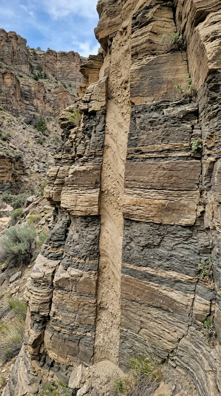 Vertical clastic dike cutting through older sedimentary layers