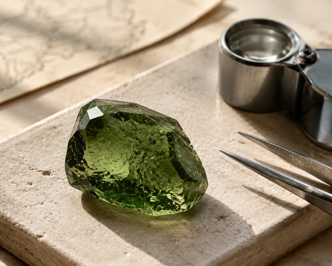 Faceted green moldavite examined under controlled daylight with attention to internal texture rather than perfect clarity