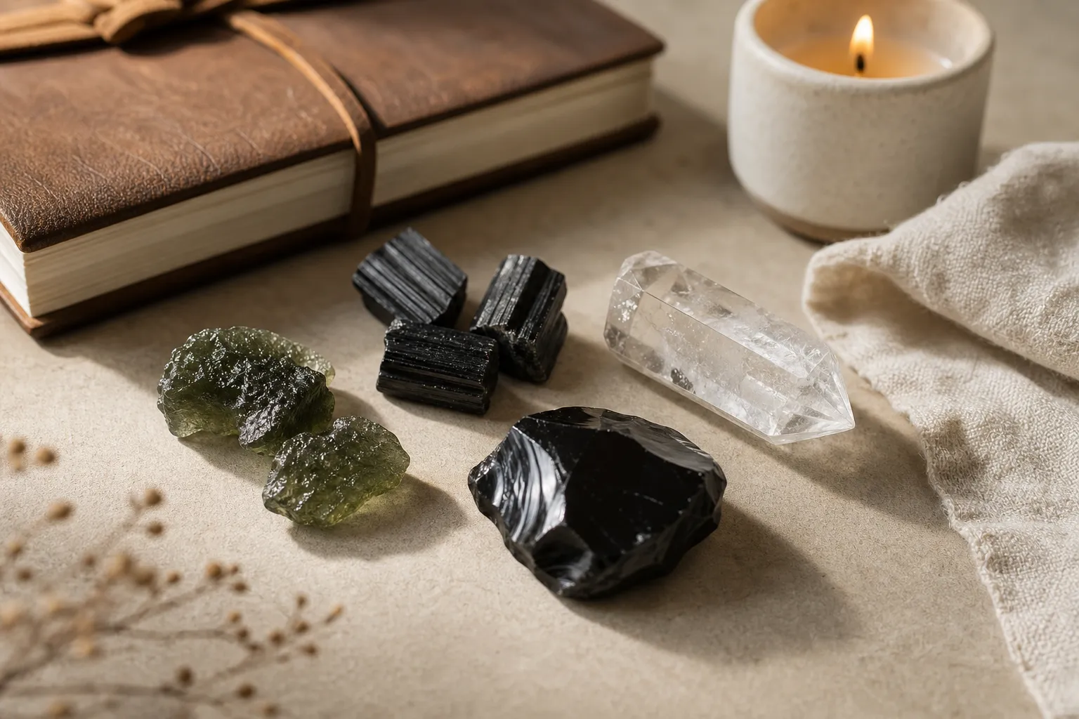 Crystals placed near a journal and candle as optional attention anchors rather than required protection equipment