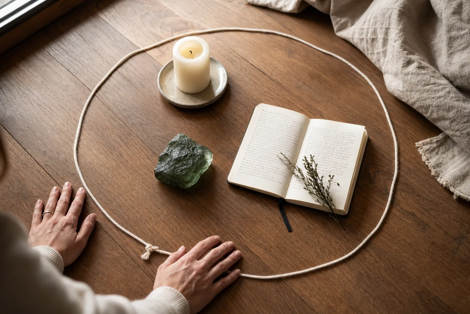 A quiet ritual setup with a crystal, journal, and defined personal boundary cues for symbolic shielding practice
