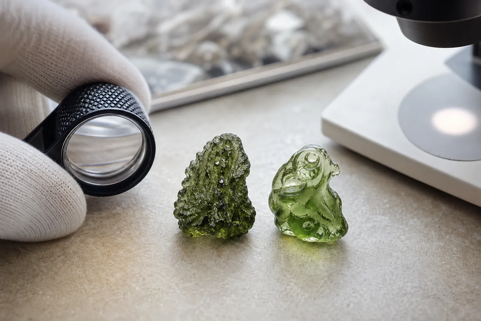 A careful comparison of a natural moldavite specimen and a modern glass imitation under close inspection
