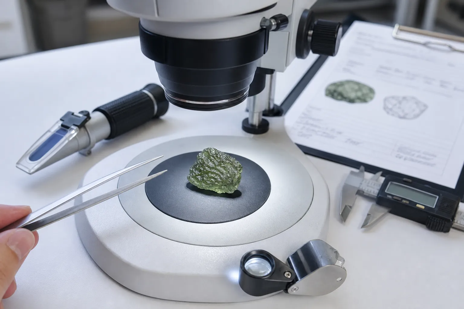 Moldavite being examined with gem testing tools beyond seller photos