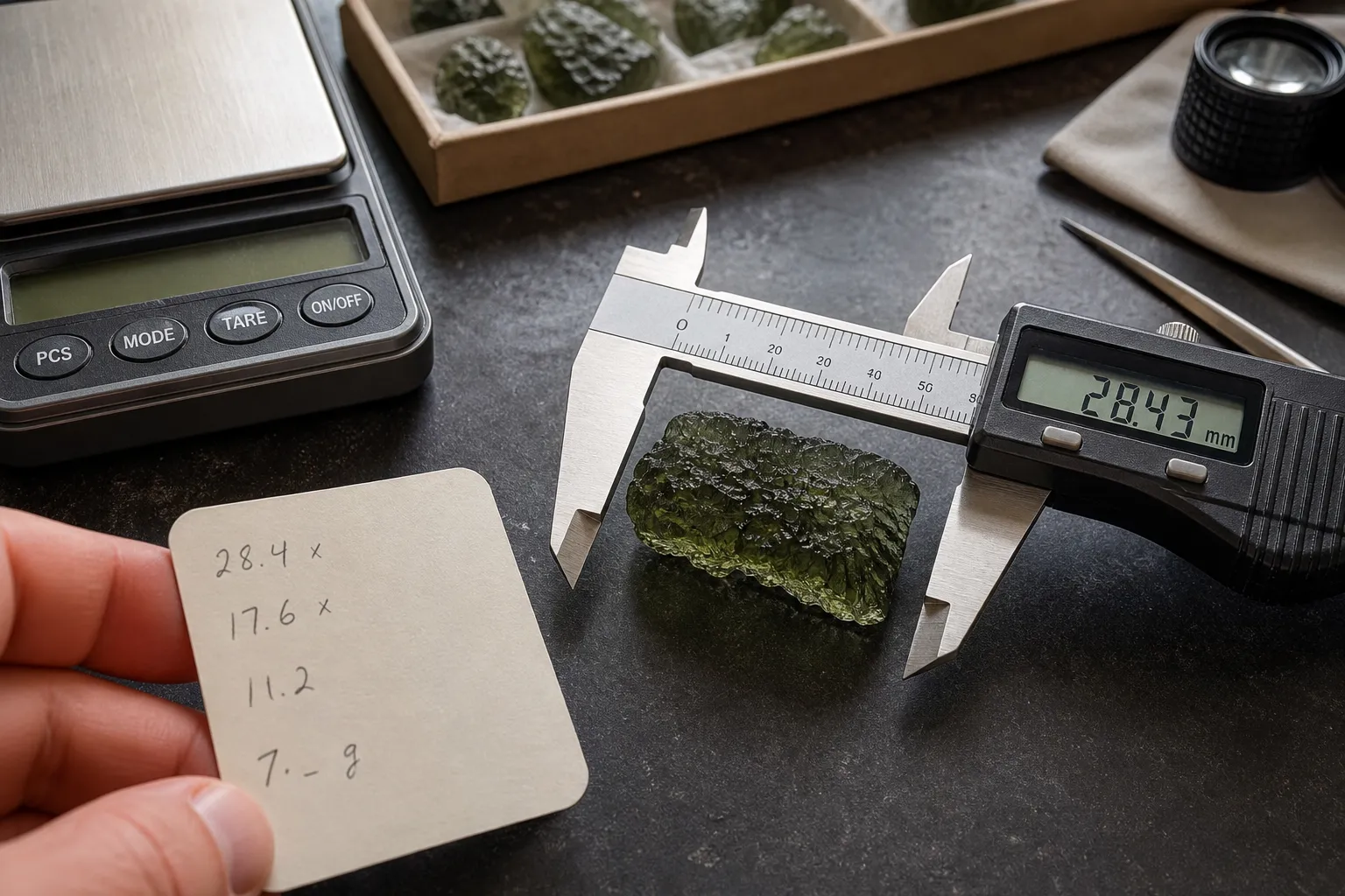 Digital calipers and a precision scale used to record a moldavite specimen before accepting a locality weight claim