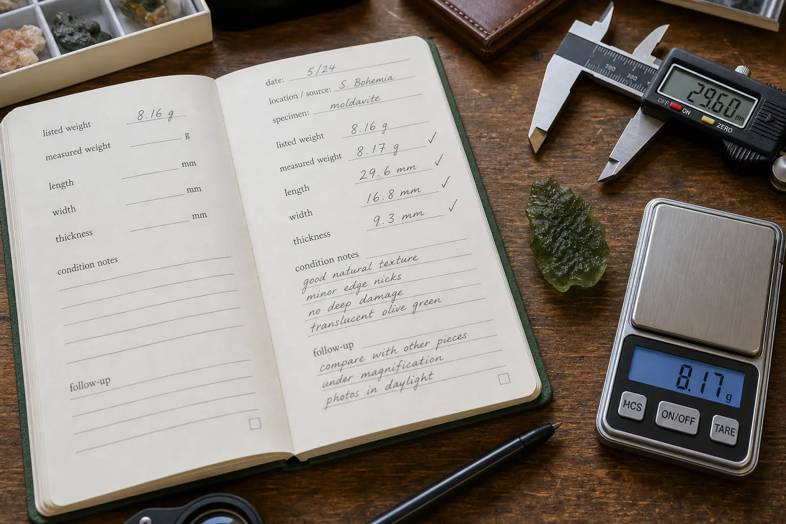 Collector measurement notes comparing listed moldavite weight and dimensions with recorded values and condition details