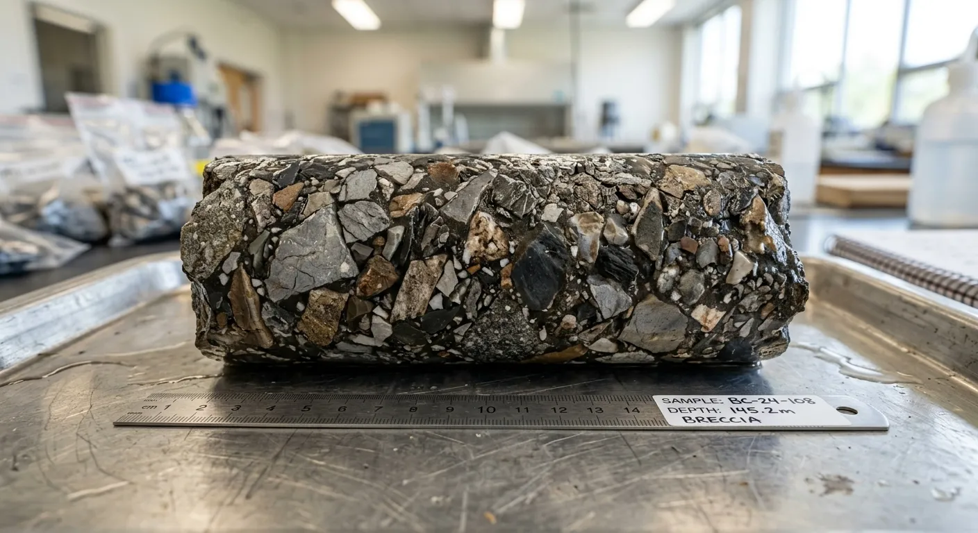 Geological drill core sample showing chaotic lithic fragments