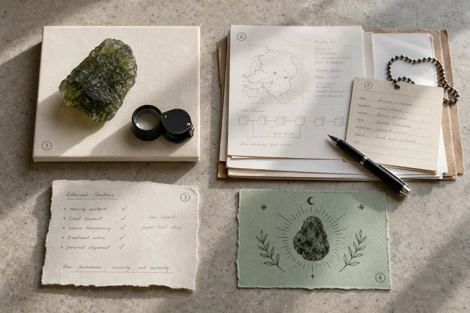 Buyer review points separating specimen traits, provenance documents, ethics claims, and symbolic meaning