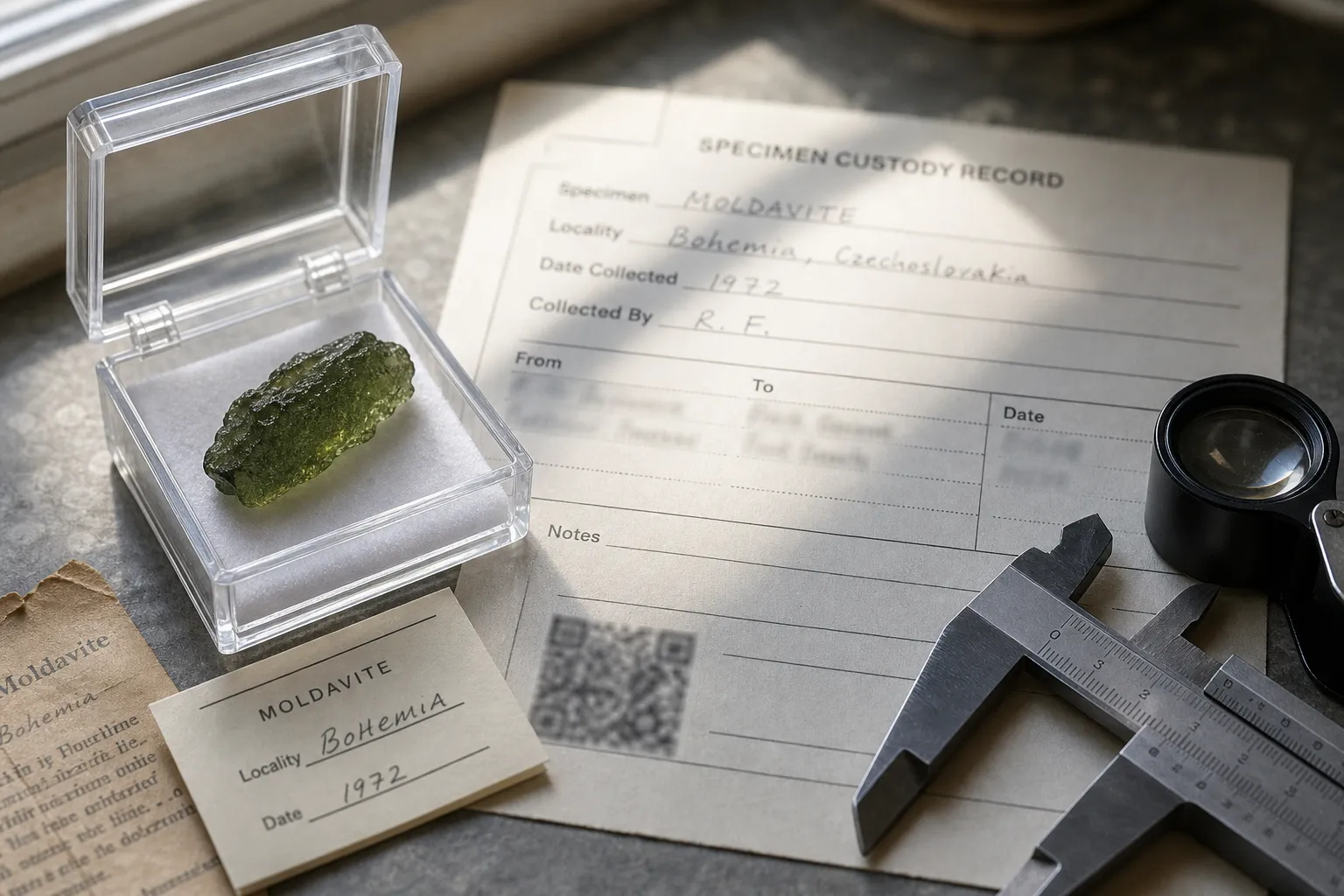 Moldavite specimen documentation shown as a record that supports only part of a sourcing claim