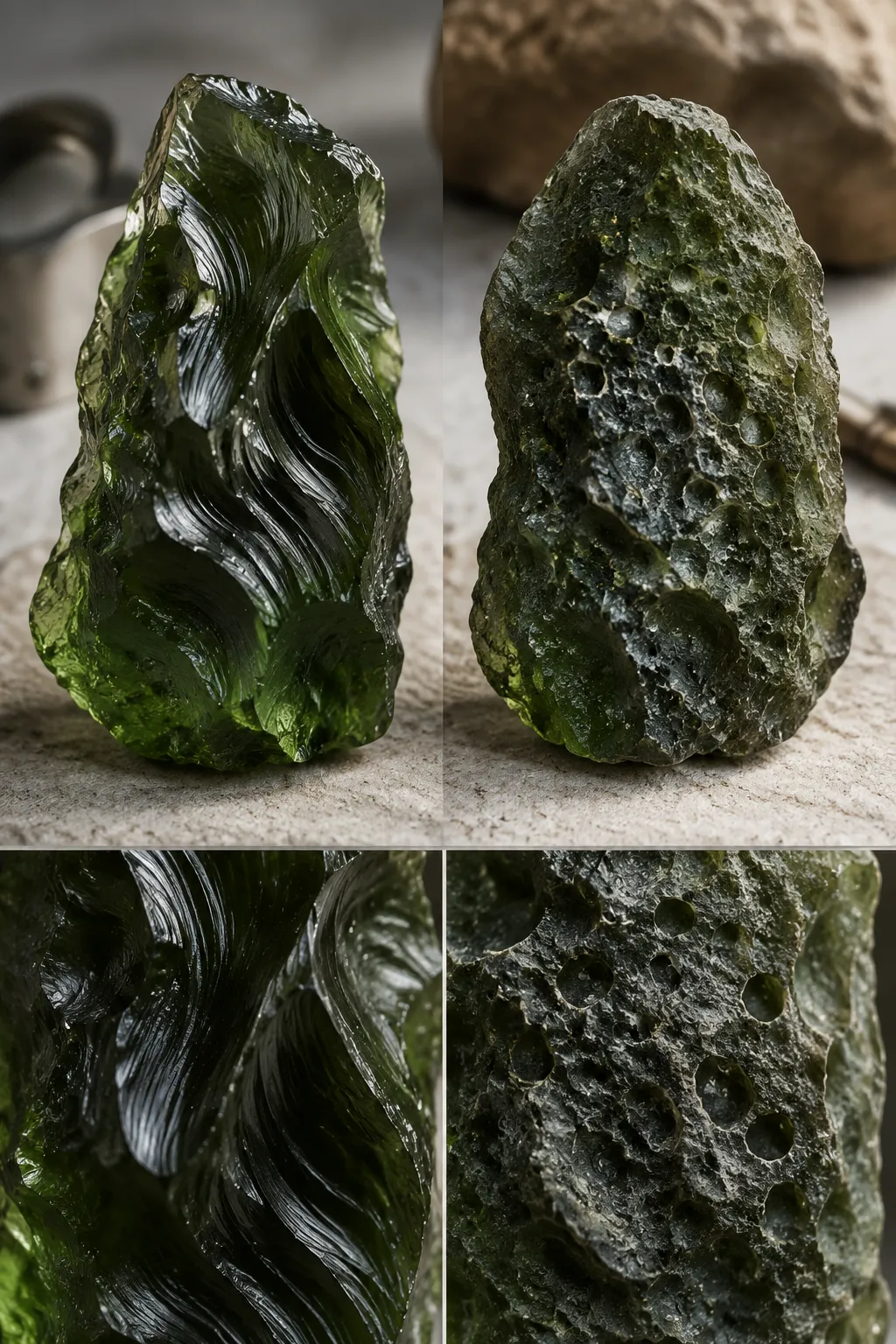 Moldavite cooling and later surface alteration shown as separate stages from flight shaping to groundwater etching