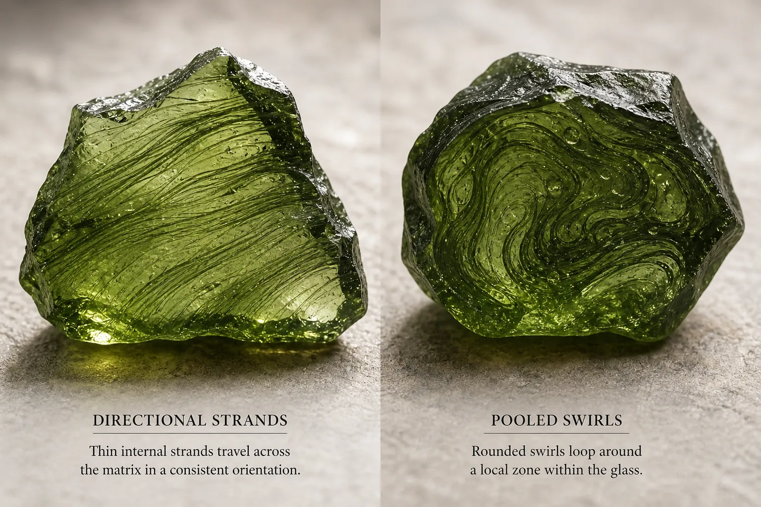 Side-by-side raw green glass details showing directional Flow Lines beside rounded crucible-style swirling