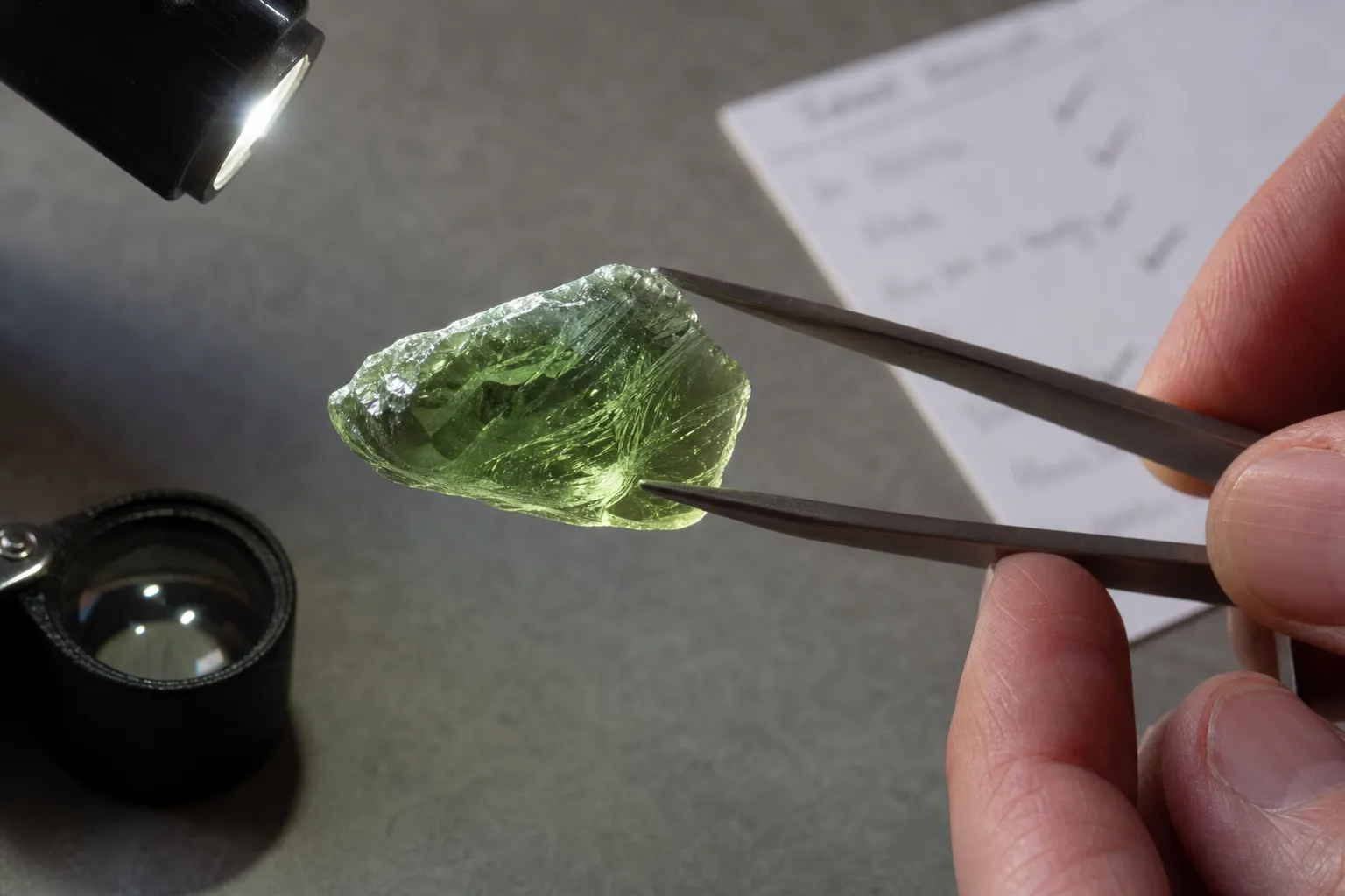 Raw green glass specimen being inspected under soft light to separate surface texture from internal linework