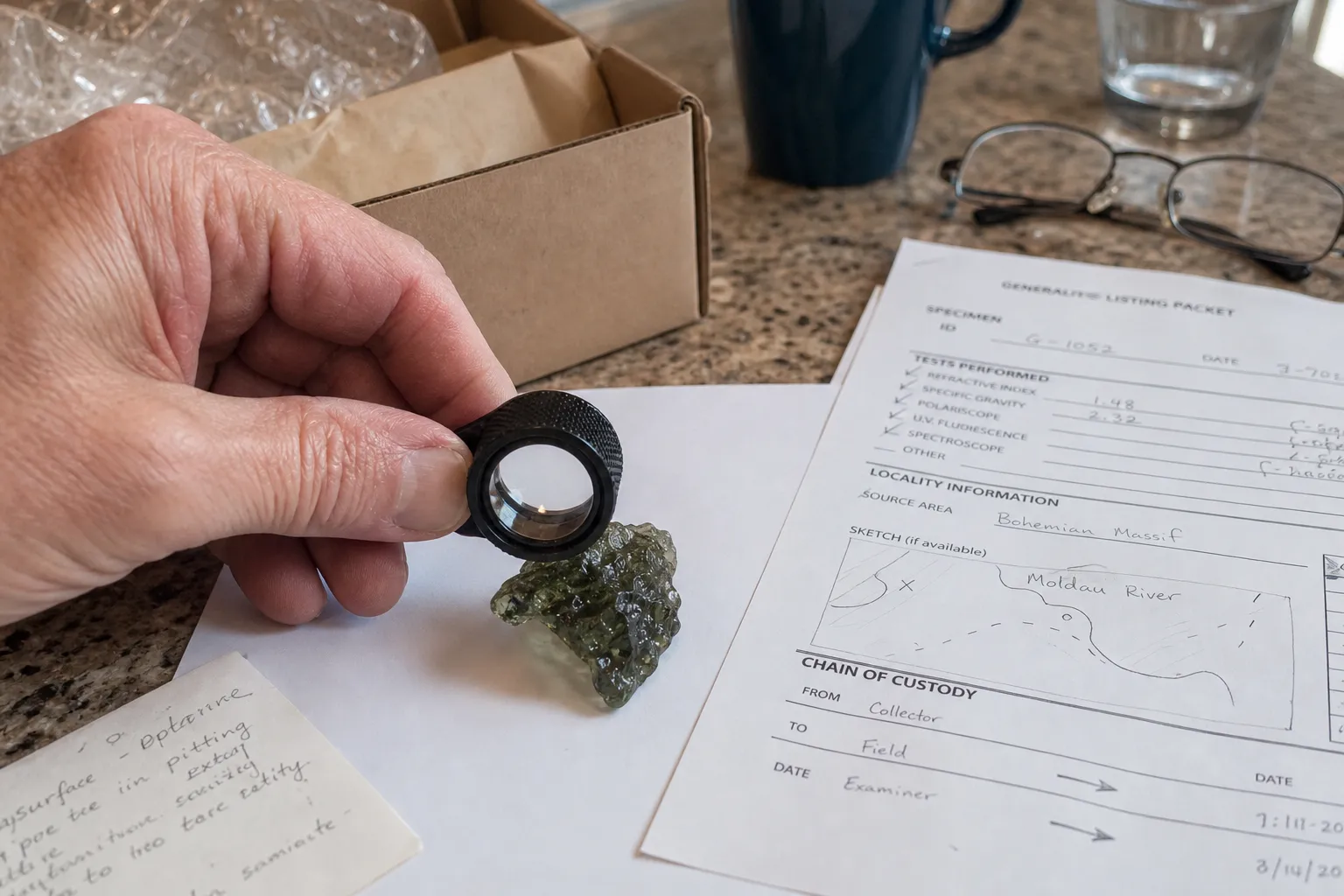 Evidence checkpoints for a Geraisites listing including testing, locality, custody, and non-sales verification