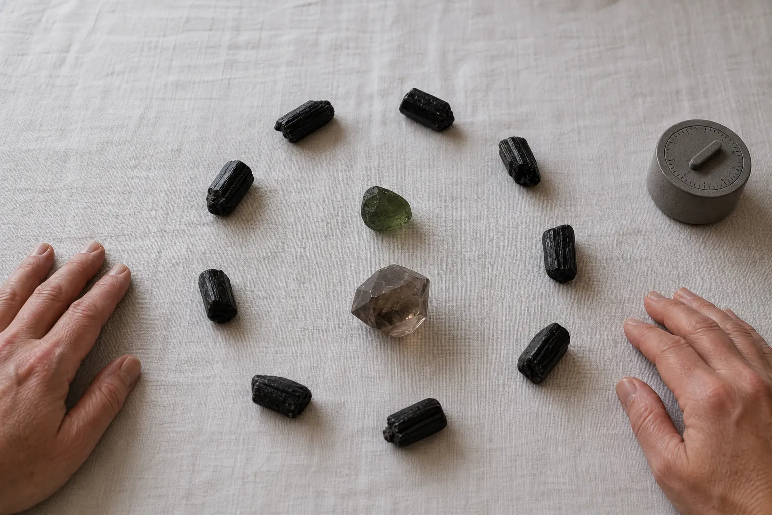 Hands near a simple stone layout that leaves space around the central tektite and keeps the outer boundary visible.