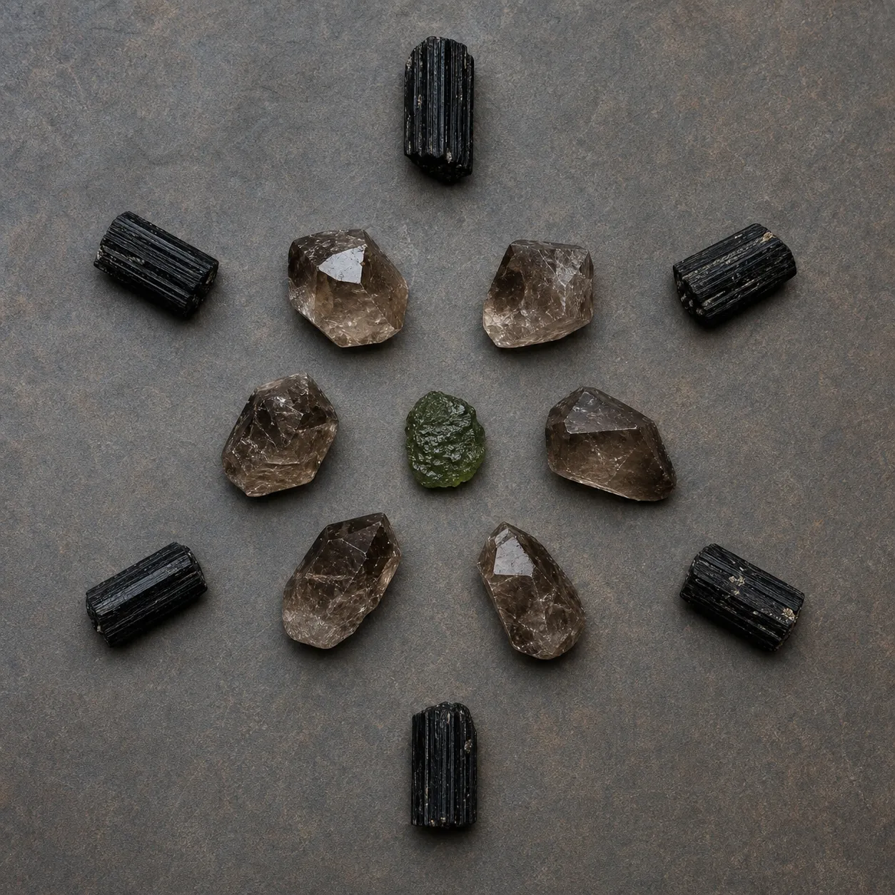 A symbolic grounding grid with a central tektite, smoky quartz nearby, and black tourmaline marking the perimeter.