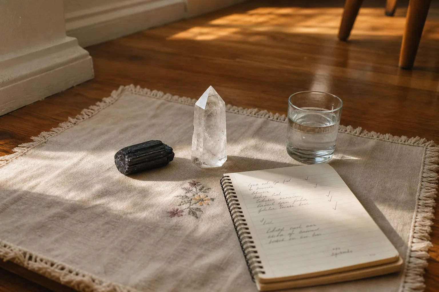 A closed crystal meditation session with the crystal set down, an anchor nearby, water, and brief neutral notes