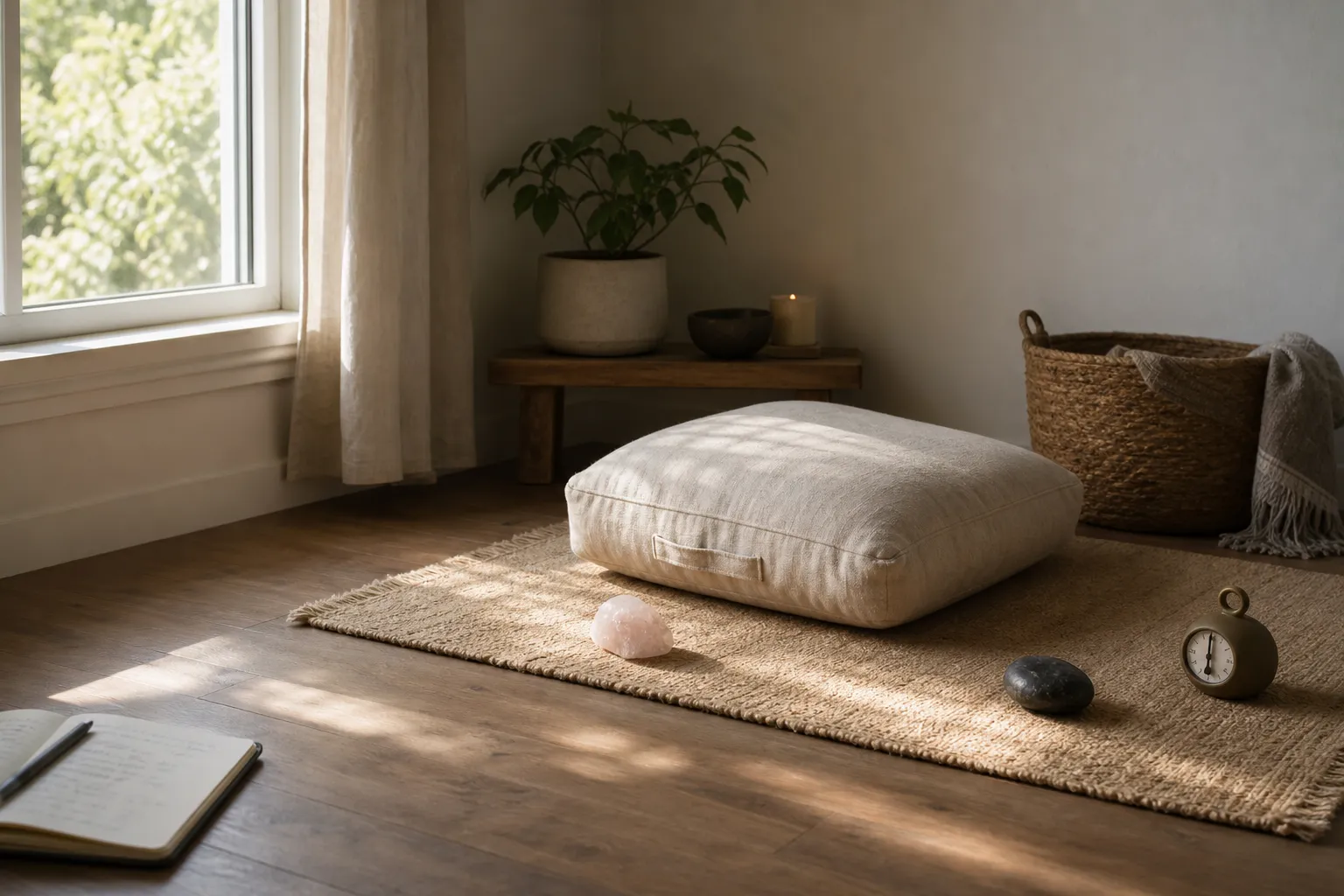 A simple crystal meditation setup with one main crystal, one grounding object, and a clear place to close the session