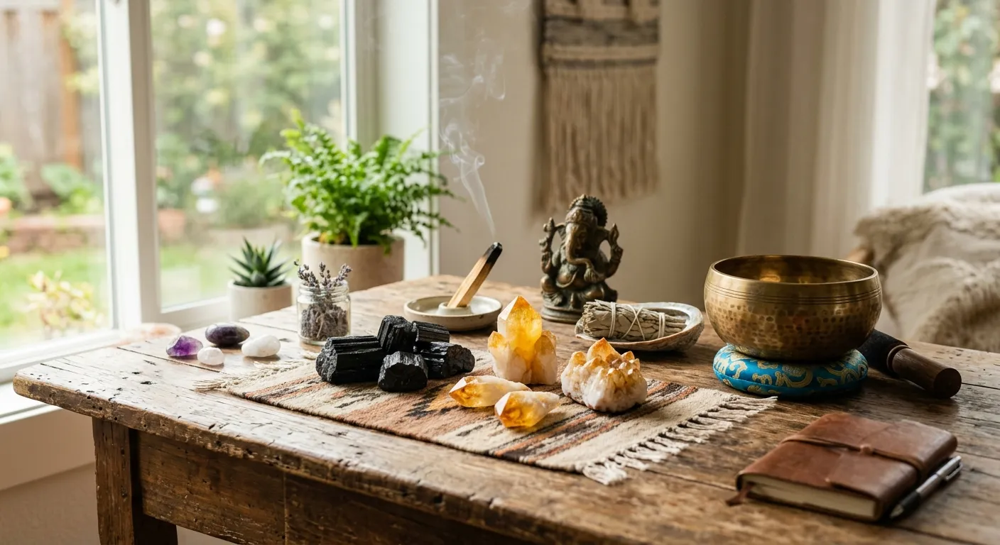 A curated arrangement of black tourmaline, citrine, and a singing bowl on a wooden table