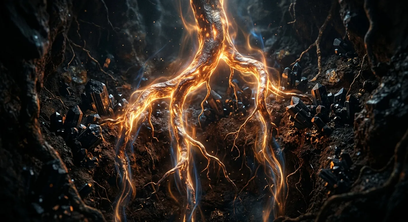 Cinematic visualization of heavy iron roots anchoring into the deep earth alongside black tourmaline crystals