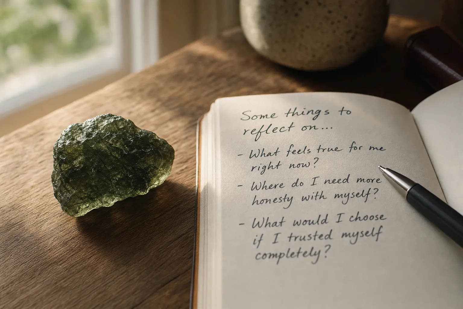Moldavite placed beside a journal for heart-centered self-inquiry rather than a guaranteed emotional cure