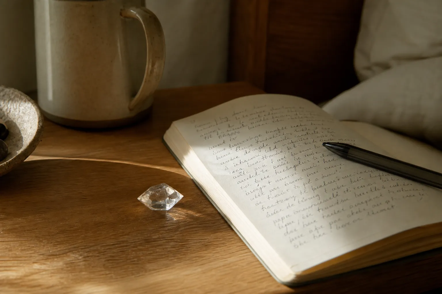 A Herkimer Diamond quartz beside a journal, showing grounded reflection rather than a guaranteed lucid-dreaming trigger