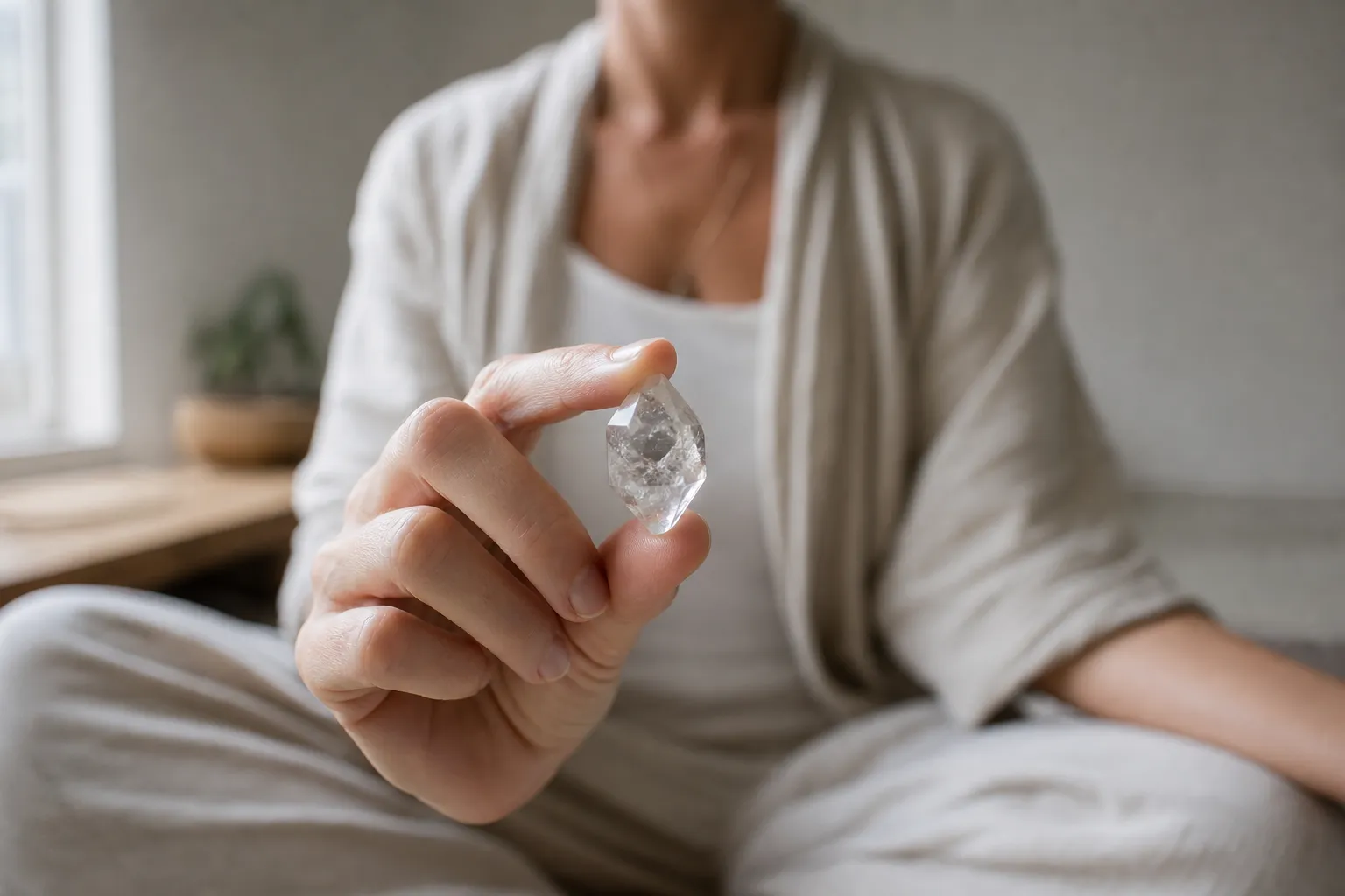 A small double-terminated Herkimer Diamond quartz used as a calm focus object for third-eye meditation
