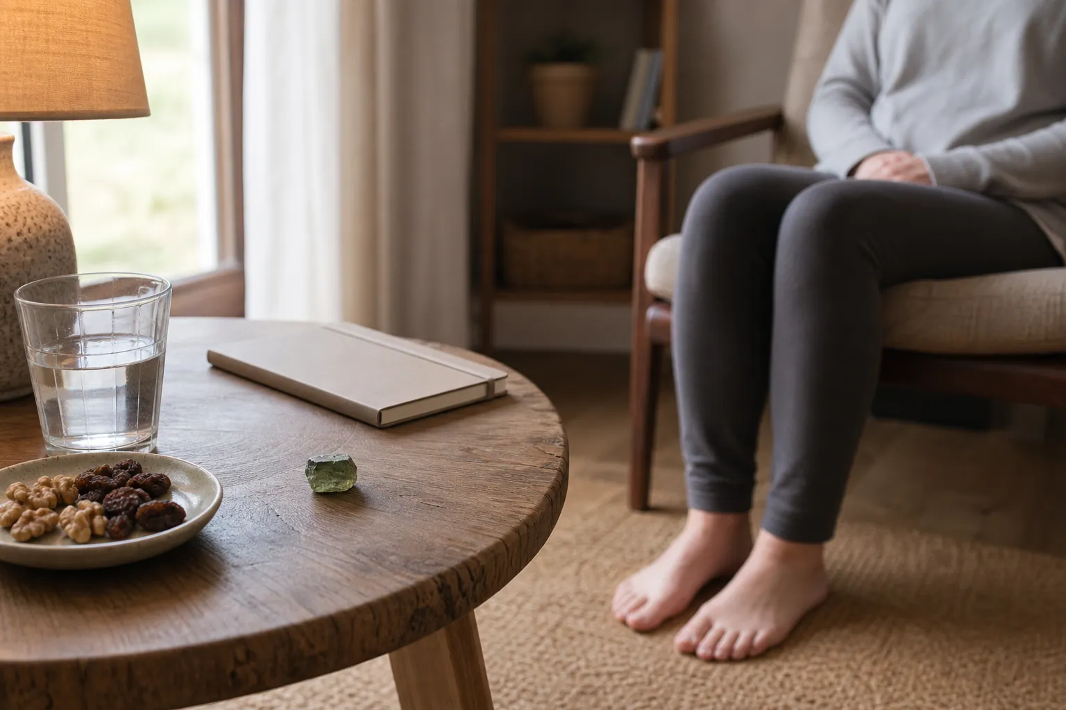 Moldavite set aside on a table beside water and simple grounding objects in a quiet room