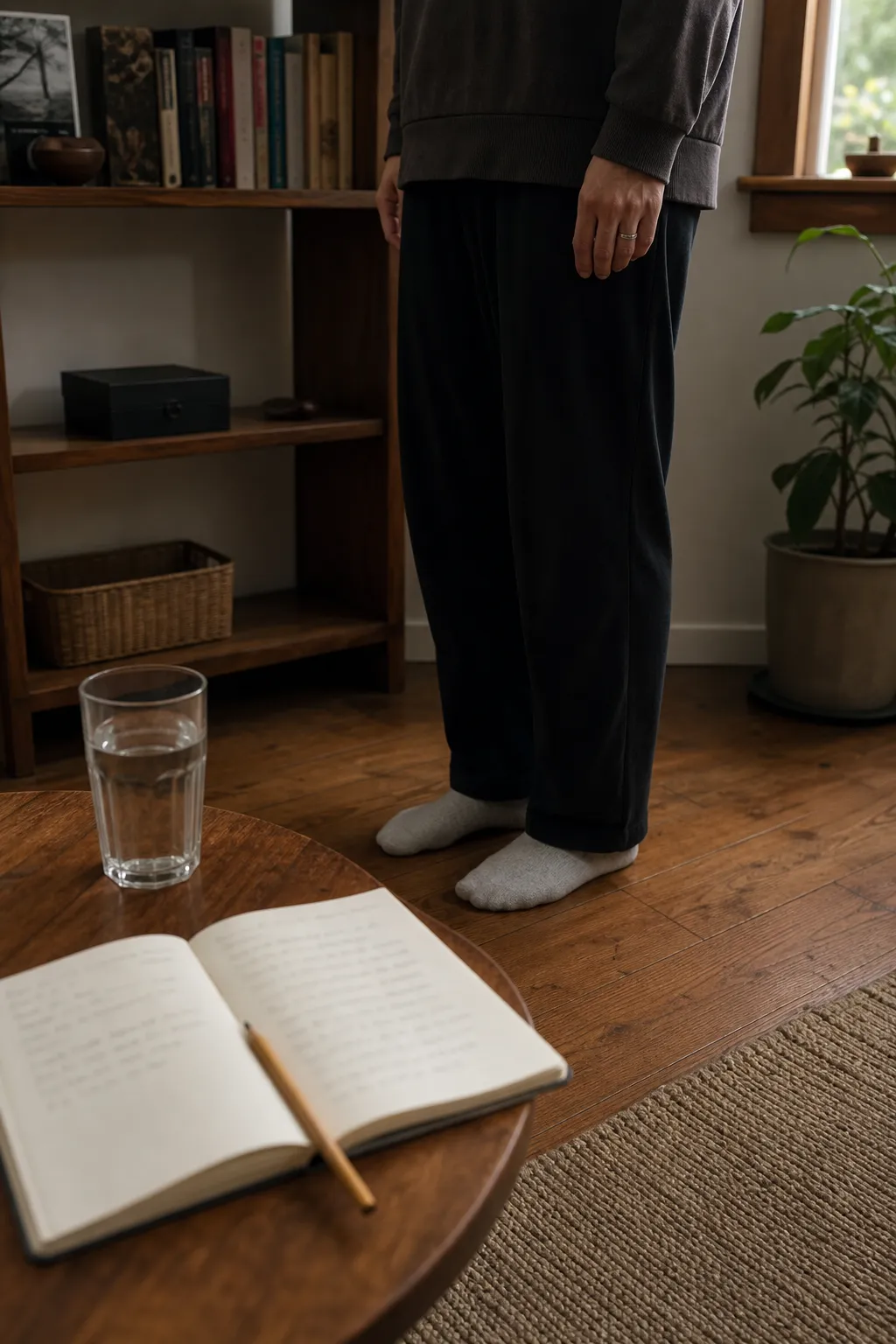 A calm grounding routine with Moldavite put away, feet on the floor, water nearby, and a short journal note