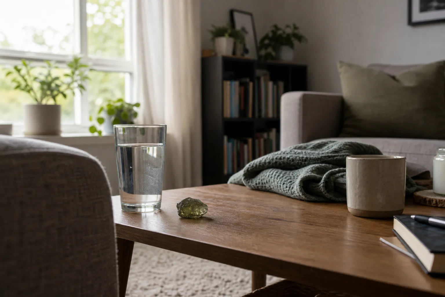 A calm grounding scene with a moldavite stone set aside, a blanket, water, and ordinary room objects used to reduce emotional intensity.