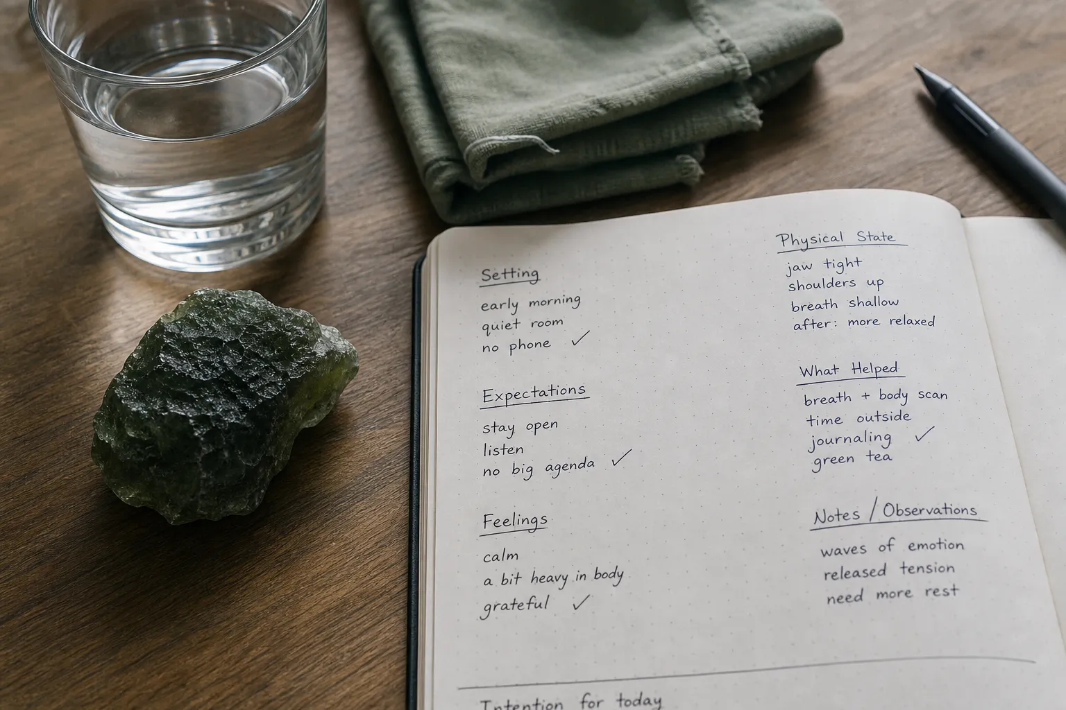 A simple integration record beside a moldavite specimen, showing notes about the setting, expectations, feelings, and what helped the person feel oriented.